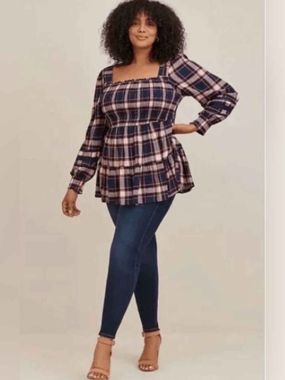 Torrid Navy and Pink Plaid Smocked Tiered Peasant Top
